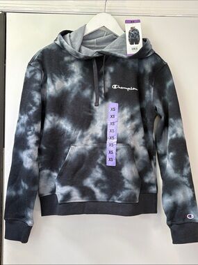 NWT Champion Cotton Gray-Black Tie Dye Fleece Lined Hoodie Women's Size XS !!